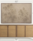 a framed wall art print showing a muted beige forest scene, displayed above a wooden sideboard with woven cane doors. dimension labels indicate 60 inches wide by 40 inches tall for the artwork, and 74 inches wide for the sideboard.