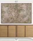 a framed floral wall art piece shown above a wooden sideboard, with dimension lines indicating 60 inches wide by 40 inches tall. the artwork features soft beige, green, and gray botanical branches on a light neutral background.