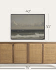 wooden sideboard with wicker doors and a framed artwork above it, with dimensions indicated.