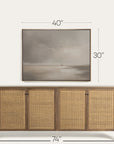 wooden sideboard with wicker doors and mounted artwork with dimensions on a white background