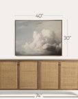 wooden sideboard with wicker doors and framed artwork above it, showing dimensions.