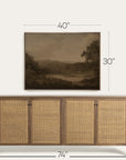 wooden sideboard with rattan doors and a framed landscape painting above it, with dimensions indicated.