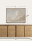 wooden sideboard with wicker doors and framed artwork above, with dimensions displayed.
