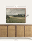 wooden sideboard with wicker doors and framed landscape painting above, with dimensions indicated.