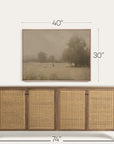 wooden sideboard with wicker doors and a framed landscape painting above it, with dimensions indicated.