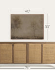 wooden sideboard with wicker doors and dimensions displayed above it on a white background