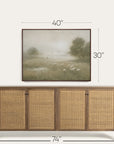 framed landscape painting above a wooden sideboard with dimensions indicated.