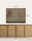 wooden sideboard with wicker doors and a framed landscape painting above it, with dimensions indicated.