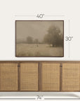 framed artwork above a wooden sideboard with dimensions indicated.
