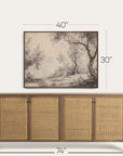 wooden sideboard with rattan doors and a framed landscape painting above it, with dimensions displayed.