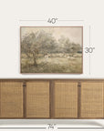 framed landscape painting above a wooden sideboard with dimensions indicated.