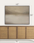 wooden sideboard with wicker doors and mounted tv displaying a landscape, with dimensions indicated.