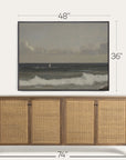 wooden sideboard with wicker doors and framed artwork above it, showing dimensions.