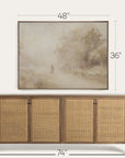 wooden sideboard with wicker doors and dimensions displayed above a painting.