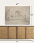 framed artwork above a wooden sideboard with dimensions indicated.