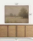 framed landscape painting above a wooden sideboard with dimensions indicated.