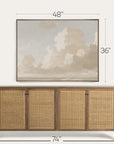 wooden sideboard with rattan doors and framed artwork above it, with measurements indicated.