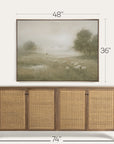 framed landscape painting above a wooden sideboard with dimensions indicated.