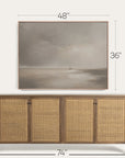 wooden sideboard with wicker doors and a framed landscape painting above it, with measurements indicated.
