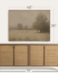 framed landscape painting above a wooden sideboard with dimensions indicated.