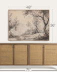 wooden sideboard with wicker doors and framed landscape art above it, with measurements indicated.