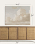 wooden sideboard with rattan doors and framed artwork above, showing dimensions.