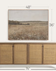 wooden sideboard with wicker doors and framed landscape painting above, showing dimensions.