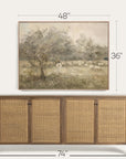 framed landscape painting above a wooden sideboard with dimensions indicated.