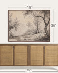 wooden sideboard with wicker doors and framed landscape painting above, with dimensions displayed.