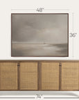 wooden sideboard with wicker doors and a framed artwork above it, showing dimensions.