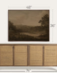 wooden sideboard with wicker doors and a landscape painting above it, with measurements indicated.