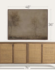 wooden sideboard with wicker doors and dimensions displayed above a painting.