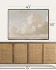 wooden sideboard with rattan doors and framed artwork above, showing dimensions.