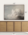 framed artwork of clouds above a wooden sideboard with dimensions indicated.