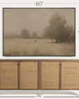 framed landscape painting above a wooden sideboard with dimensions indicated.