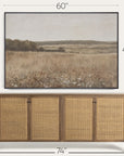 wooden sideboard with rattan doors and framed landscape painting above, with dimensions displayed.