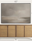 wooden sideboard with wicker doors and a large painting above it, with dimensions indicated.