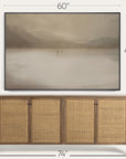 wooden sideboard with wicker doors and a framed landscape painting above it, with dimensions indicated.