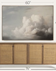 wooden sideboard with wicker doors and a large cloud painting above it, with dimensions indicated.