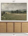 framed landscape painting above a wooden cabinet with dimensions indicated.