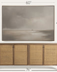 wooden sideboard with wicker doors and a large painting above it, with dimensions indicated.