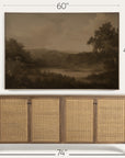 wooden sideboard with wicker doors and a landscape painting above it, with dimensions indicated.