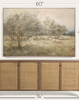 framed landscape painting above a wooden sideboard with dimensions indicated.