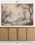 wooden sideboard with rattan doors and a large landscape painting above it, with dimensions displayed.