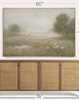 framed landscape painting above a wooden sideboard with dimensions indicated.
