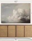wooden sideboard with wicker doors and a large cloud painting above it, with dimensions indicated.