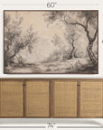 wooden sideboard with wicker doors and a large landscape painting above it, with dimensions displayed.