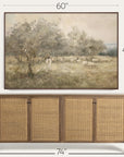 wooden sideboard with wicker doors and a framed landscape painting above it, with measurements indicated.