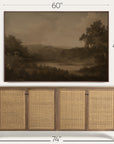 framed landscape painting above a wooden sideboard with dimensions indicated.