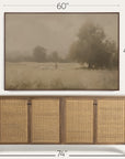 framed landscape print above a wooden sideboard with dimensions indicated.